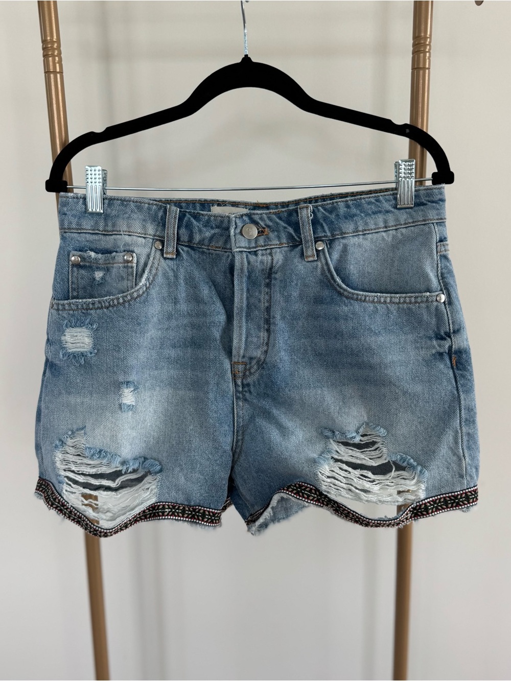 Pilcro Light Blue Distressed Jean Shorts with Beaded Trim